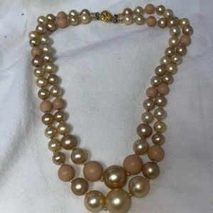 Vintage gold tone cream pink bead multi strand filagree button slide snap clasp